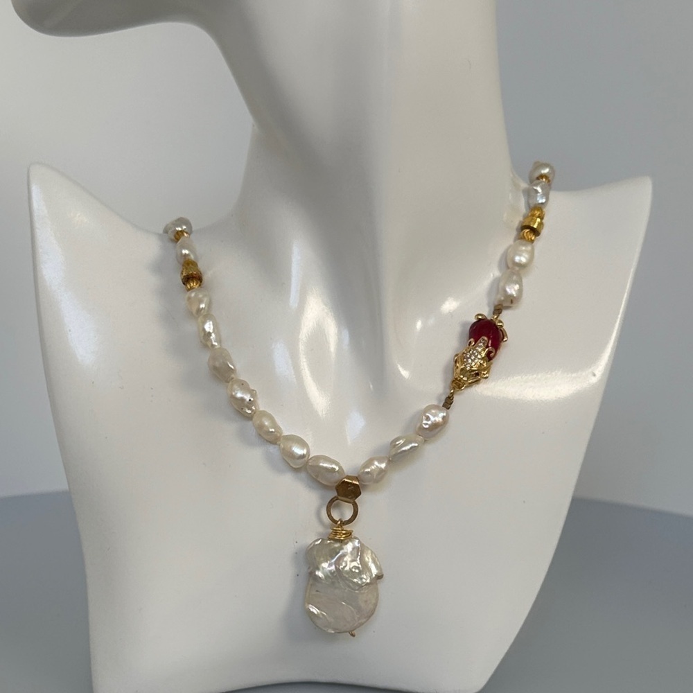 Freshwater Pearl and Gold Necklace with Red Detail